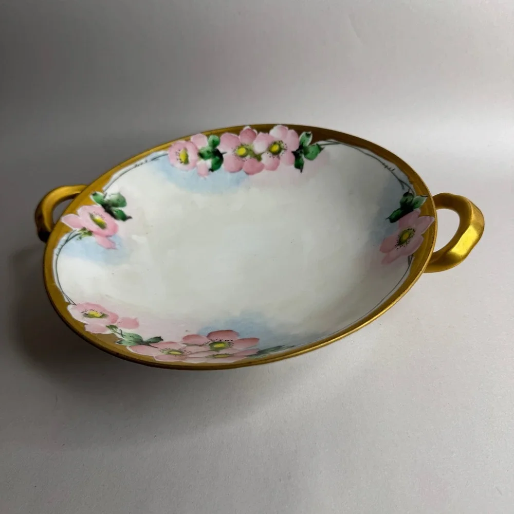 Vintage Japan Hand Painted Porcelain Footed Bowl Floral Gold Trim Lusterware
